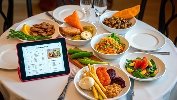An elegant dining table set with a variety of colorful, healthy dishes, alongside a tablet displaying a personalized meal plan, creating a visually appealing and enticing image of customized meal solutions.