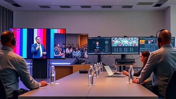 A split-screen image showing a virtual event setup with a professional host on one side engaging with a virtual audience, and a technical team managing the live stream and interactive features on the other side, illustrating seamless virtual event production.