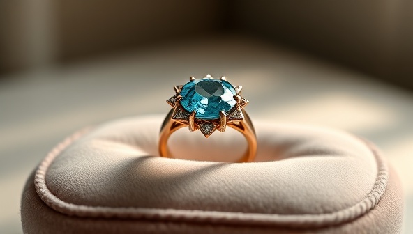 An elegant handcrafted 3D-printed ring featuring a customized gemstone setting, delicately displayed on a velvet cushion against a backdrop of soft lighting, exuding sophistication and uniqueness in jewelry design.