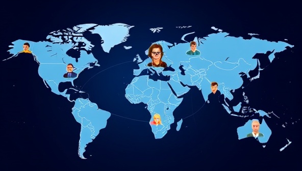 An interconnected global map with digital avatars representing influencers from various regions, symbolizing the diverse and collaborative nature of CollabConnect Global's influencer network collaboration platform.