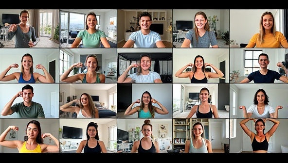 A dynamic collage of diverse individuals participating in virtual fitness challenges from home, displaying enthusiasm, determination, and a sense of community through video call screens and workout gear.