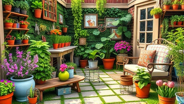 A lush and vibrant virtual garden setting with a colorful array of potted plants, gardening tools, and a cozy outdoor seating area, exuding a sense of tranquility and natural beauty, inviting viewers to explore the world of virtual gardening and plant care.