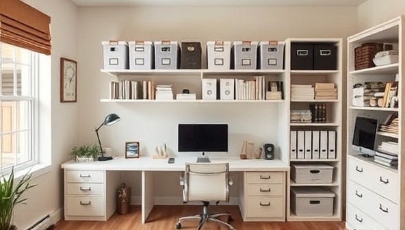 A serene and organized home office space with labeled storage containers, decluttered shelves, and a minimalist desk setup, exuding a sense of calm and productivity, showcasing the transformative power of effective home organization.