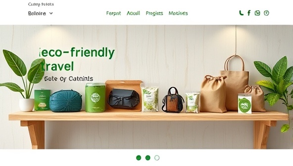 An online store layout featuring a variety of eco-friendly travel gear items displayed on a digital shelf, with leafy green accents and recycled packaging, conveying a message of environmental consciousness and eco-friendly travel choices.