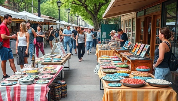 A vibrant outdoor market setting with colorful artisanal products displayed on tables, customers interacting with enthusiastic vendors, and a lively atmosphere showcasing the uniqueness of the marketplace.