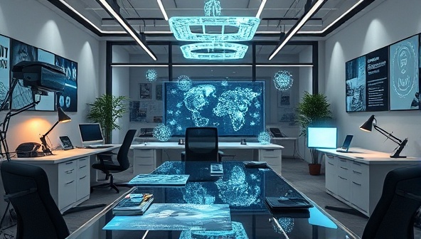 An engaging visual of a web design consultancy office with AR headsets, holographic displays, and interactive AR elements floating around, illustrating the futuristic and immersive nature of AR WebVisionaries in redefining web design through augmented reality innovations.