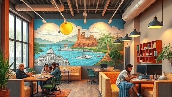 An artistic rendering of the hostel's lobby featuring a vibrant mural of a famous travel destination, cozy workspaces with modern amenities, and travelers collaborating on projects, creating a dynamic and inspiring atmosphere.