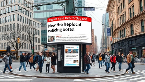 A modern street corner with a digital billboard displaying hyperlocal news headlines, surrounded by bustling activity and diverse pedestrians, illustrating the concept of neighborhood-focused news delivery.