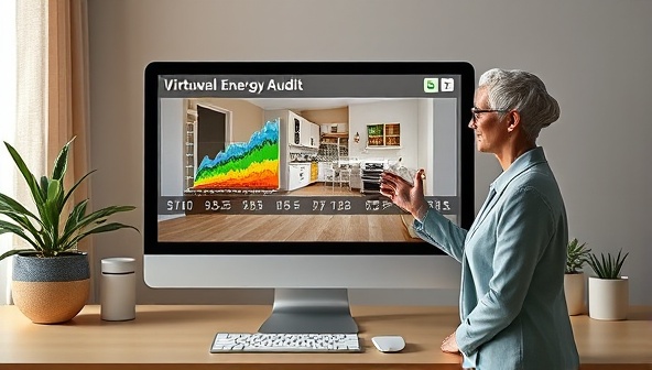 An innovative visual presenting a virtual energy audit scenario on a computer screen, with energy consumption graphs, efficiency recommendations, and a virtual consultant guiding a homeowner through the audit process, showcasing a tech-savvy and efficient energy auditing service.