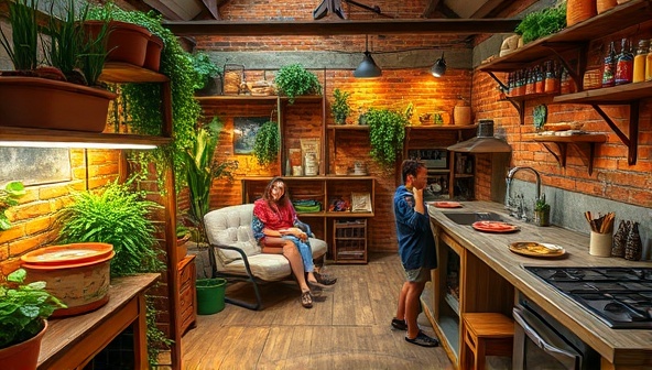 A vibrant communal living space adorned with lush mushroom growing setups, cozy shared areas, and a communal kitchen bustling with residents preparing delicious mushroom dishes, embodying the sustainable and collaborative spirit of Fungi Haven.