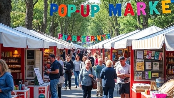 An inviting image of a bustling pop-up market filled with colorful stalls, happy shoppers, and unique products, capturing the vibrant and community-driven atmosphere of the event.