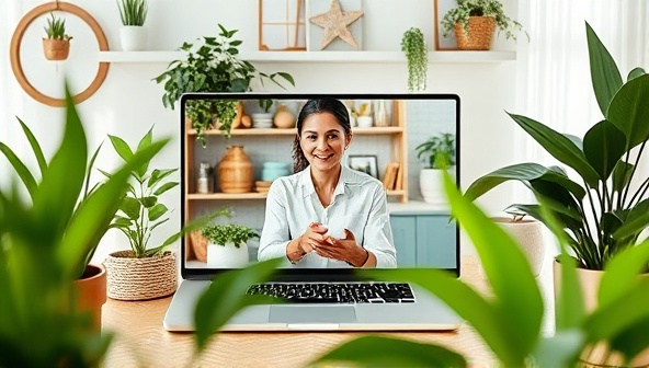 A visually appealing image of a virtual home consultation session with EcoHaven Consultants, featuring a consultant showcasing eco-friendly home products and solutions on a digital platform, surrounded by greenery and sustainable home decor, illustrating the virtual and sustainable aspects of the consultancy service.