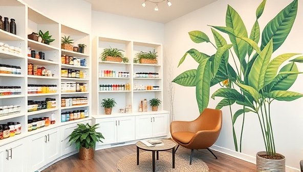 A serene consultation room with shelves of colorful supplements, a cozy seating area for discussions, and a large botanical mural on the wall, exuding a calming and holistic atmosphere.