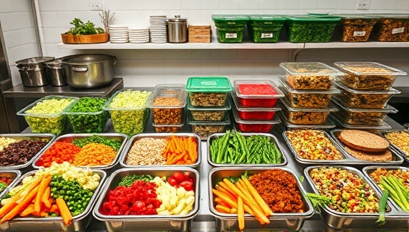 An organized meal prep kitchen showcasing a colorful array of freshly chopped vegetables, grains, and legumes, alongside chef-prepared plant-based dishes neatly packed in eco-friendly containers, exuding a vibrant and wholesome culinary atmosphere for customers to experience the convenience and benefits of plant-based meal prep.