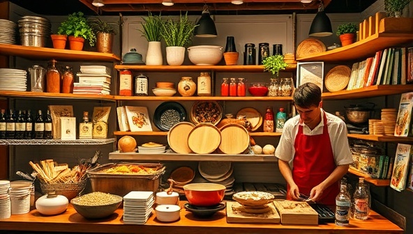 An enticing online marketplace display featuring gourmet products, kitchen gadgets, cookbooks, and a virtual cooking class in session, creating a vibrant and immersive culinary shopping experience for customers browsing the online platform.