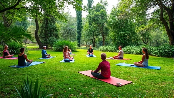 A serene nature retreat setting with lush greenery, yoga mats, meditation cushions, and participants engaging in mindfulness practices, radiating a sense of peace and rejuvenation in a natural environment.