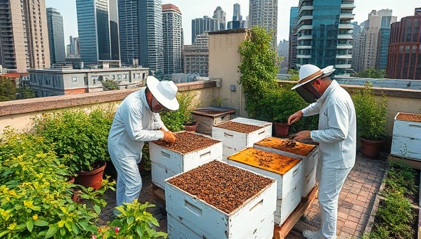 An urban rooftop apiary with beekeepers in protective gear harvesting honeycombs, surrounded by lush city gardens and skyscrapers in the background, showcasing the harmonious coexistence of bees and urban environments in a sustainable beekeeping experience.