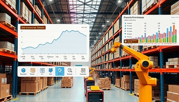 An automated warehouse system with RFID scanners tracking inventory items in real-time, robotic arms moving products, and a digital dashboard displaying stock levels and reorder alerts, showcasing the efficiency and automation of the inventory management system.