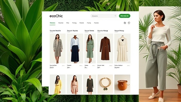 A chic and sustainable fashion rental platform interface displaying a range of stylish outfits, accessories, and statement pieces available for rent, set against a backdrop of lush greenery and eco-friendly fashion imagery, embodying the elegance and eco-conscious ethos of EcoChic Wardrobe Rental.