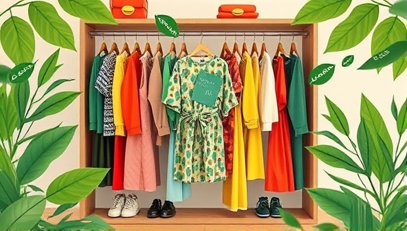 An artistic representation of a virtual wardrobe filled with colorful, sustainable fashion items, surrounded by green leaves and eco-friendly symbols, conveying a message of conscious consumerism and style.
