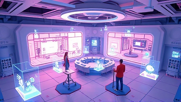 A futuristic digital illustration of users exploring virtual event venues and customizing event layouts in a 3D virtual space, with holographic event elements and interactive tools floating around them, creating a dynamic and engaging event planning experience.