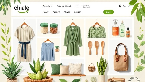 A visually appealing online marketplace interface showcasing a variety of sustainable products such as organic clothing, eco-friendly home goods, and recycled accessories, surrounded by greenery and nature-inspired design elements, symbolizing a commitment to sustainable living.