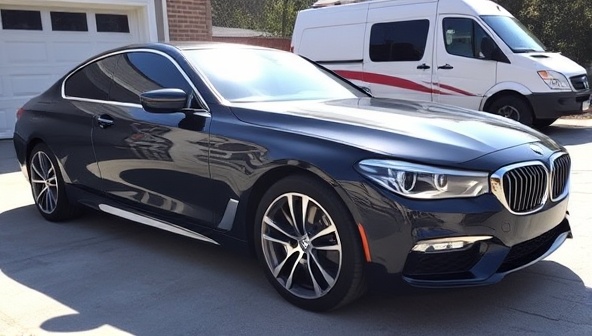 An elegant, professionally detailed car parked in a driveway, glistening under the sunlight with a backdrop of a mobile detailing van showcasing the convenience and quality of the service.