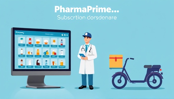 An online pharmacy interface showcasing a range of medication options, a virtual pharmacist providing consultation services, and a doorstep delivery symbolizing the seamless and personalized experience of PharmaPrime subscription club.