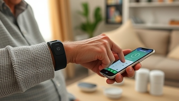 An elderly individual wearing a monitoring device on their wrist, with smart sensors placed around the living space, sending real-time data to a caregiver's smartphone, highlighting the safety and security provided by ElderGuard Tech's remote monitoring solutions for elderly care.