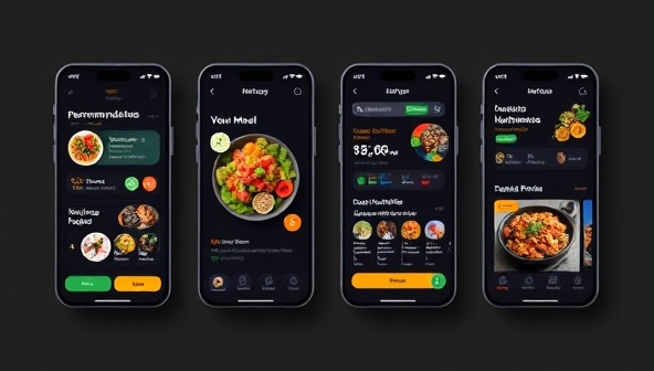 An engaging app interface showcasing personalized meal recommendations, nutritional insights, and interactive features like meal tracking and recipe suggestions, with vibrant visuals and user-friendly navigation, creating a seamless and personalized nutrition experience.
