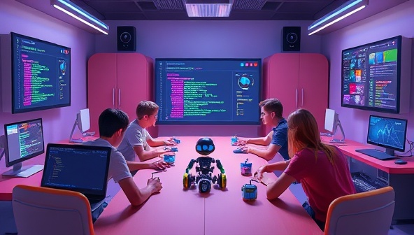 An animated virtual classroom setting with colorful coding screens, robotic elements, and a group of enthusiastic teen coders collaborating on a coding project, demonstrating the interactive and educational environment of CodeNex Teens' coding academy.