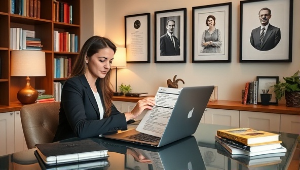 An elegant home office setup with a professional writer crafting a customized resume on a stylish laptop, surrounded by career development books and a wall adorned with framed client success stories, conveying professionalism and personalized service.