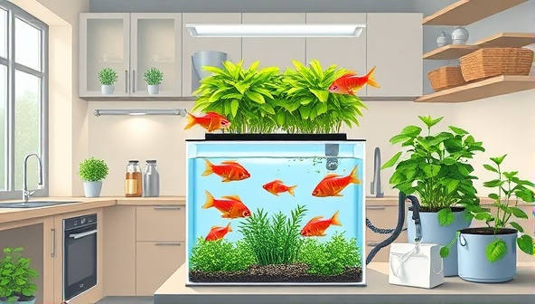 An illustration of a compact aquaponics system in a modern kitchen, featuring colorful fish swimming in a tank connected to a lush herb garden, highlighting the integrated and sustainable nature of aquaponics.