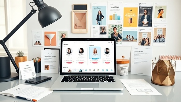 A sleek office setup with a laptop displaying influencer profiles and engagement metrics, surrounded by influencer collaboration contracts, branding materials, and a mood board, projecting professionalism and creativity in influencer marketing consultancy.