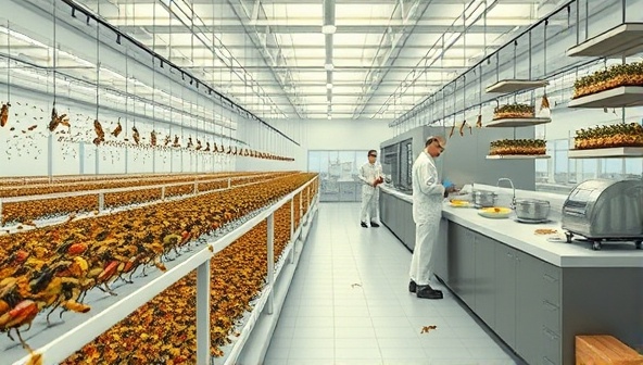 An artistic representation of a modern insect farm facility with rows of insect habitats, researchers observing insect behavior, and chefs experimenting with insect-based recipes in a test kitchen, symbolizing the innovative and sustainable approach of NutriCrawl Farms in edible insect farming.