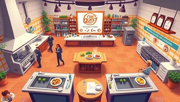 A culinary-themed digital illustration featuring a virtual kitchen arena with multiple cooking stations, ingredients, and cooking utensils, where participants are engaged in a friendly cooking competition, showcasing their culinary skills and creativity in a dynamic and immersive online cooking challenge at Chef's Quest Online.