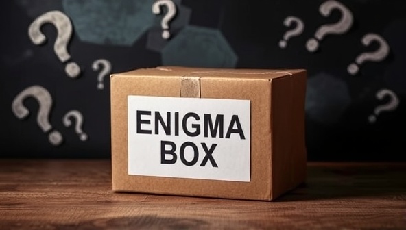 An intriguing image of a closed mystery box with question marks and a sense of mystery surrounding it, hinting at the excitement and anticipation that subscribers feel when awaiting their Enigma Box delivery, sparking curiosity and wonder.