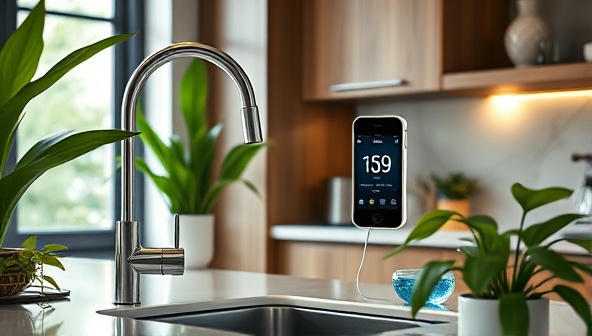 An elegant home kitchen scene with a sleek IoT water monitor attached to the faucet, displaying real-time water usage data on a digital screen, surrounded by lush green plants to signify sustainability and modern living.