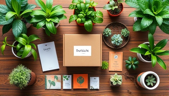 An artistic flat lay composition featuring a variety of lush green plants, decorative pots, plant care essentials, and botanical-themed accessories arranged on a wooden table, creating a visually appealing and vibrant scene that showcases the subscription box contents.