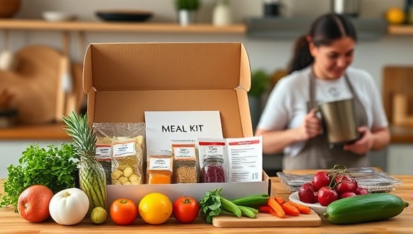 An elegant and organized meal kit box with labeled ingredients, a recipe card, and fresh produce, surrounded by kitchen utensils and a happy individual cooking in a cozy home kitchen setting, portraying a convenient and enjoyable cooking experience.