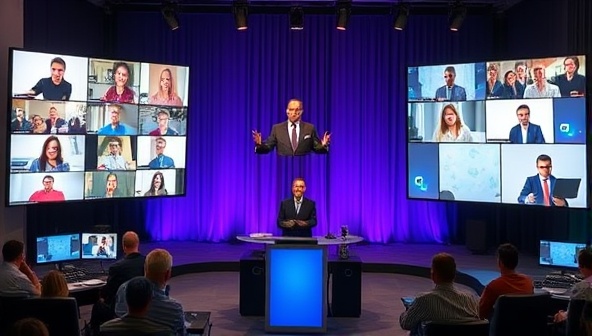 An array of virtual event setup, including multiple screens displaying online participants, a professional host engaging with the audience, and interactive features like polls and Q&A, illustrating the dynamic and immersive nature of virtual events.