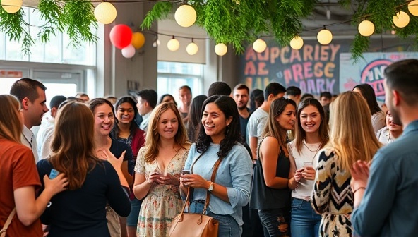 A vibrant community gathering with local influencers engaging with attendees and showcasing products or services, illustrating the authentic connections and brand collaborations facilitated by CommuniReach in hyper-local markets.