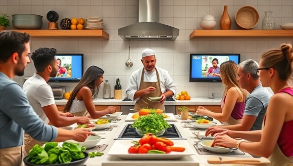 A vibrant virtual kitchen setting with a diverse group of participants following a chef's instructions on their screens, surrounded by fresh ingredients and cooking utensils, capturing the essence of culinary learning and community.