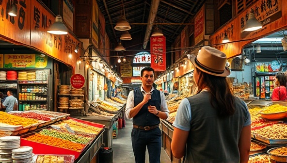 An exotic and immersive culinary travel experience scene featuring a virtual tour guide leading participants through a bustling food market in a foreign locale, with vibrant colors, aromatic spices, and diverse food stalls creating a sensory journey of exploration and discovery for Global Gastronomad's virtual travelers.