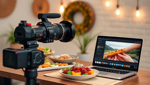 An online workshop session featuring a beautifully styled food setup, a professional camera capturing the scene, and a laptop displaying editing software, illustrating the process of creating visually stunning food content.