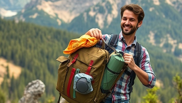 An image featuring a traveler happily unpacking a rented sustainable backpack filled with camping gear against a backdrop of a pristine natural landscape, highlighting the convenience and eco-friendly aspect of renting travel gear from EcoGear Exchange.