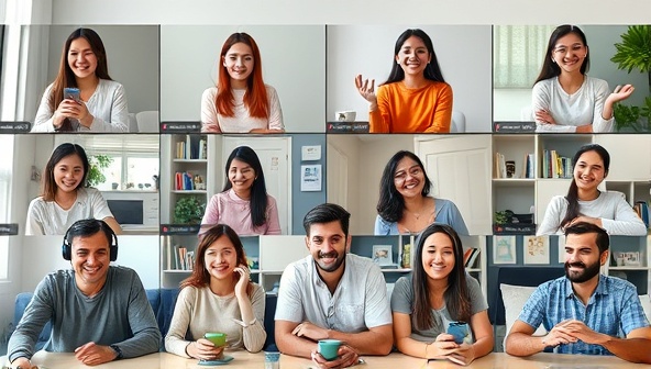 A diverse group of language learners engaging in a virtual study session, with participants from different cultural backgrounds interacting through video calls, language exercises, and digital flashcards, creating a vibrant and inclusive learning atmosphere.