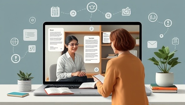 An online mentoring session visualized through a digital platform with a mentor guiding a writer through a virtual writing exercise, with interactive tools and resources on the screen, creating a dynamic and supportive learning environment for aspiring writers seeking mentorship and coaching.