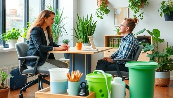 An office setting with a consultant discussing sustainability strategies with a small business owner, surrounded by eco-friendly office supplies, recycling bins, and a plant-filled workspace, conveying a green and environmentally friendly business approach.