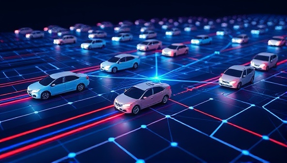 A dynamic infographic illustrating a network of interconnected vehicles being optimized and monitored by AI algorithms, symbolizing efficiency, control, and data-driven decision-making in fleet management.